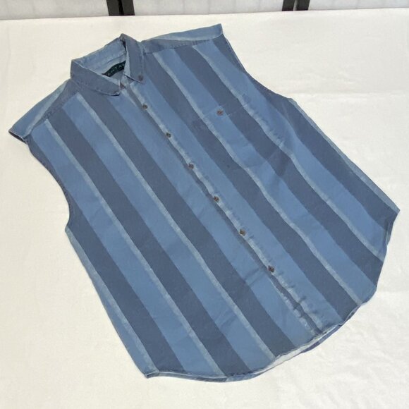 Vintage Santana Blue Sleeveless Button Front Vertical Stripe Shirt L Casual - Picture 8 of 13